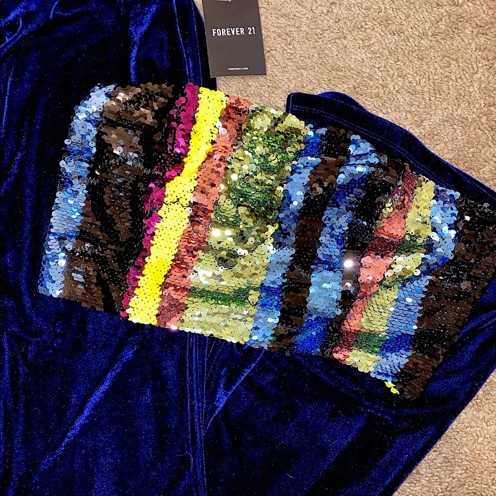 F21 Sequin Tube Top & Blue Crushed Velvet Pants